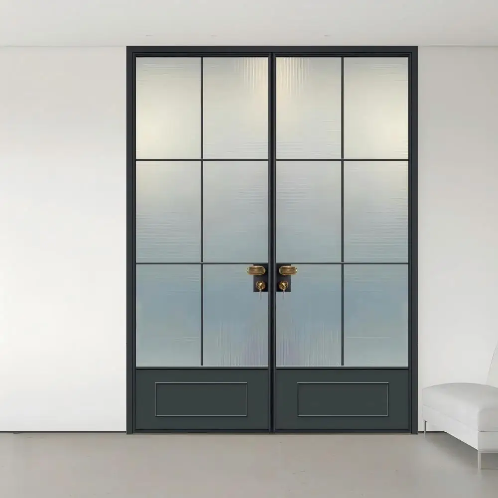 Black Frosted Grid Glass Double Doors